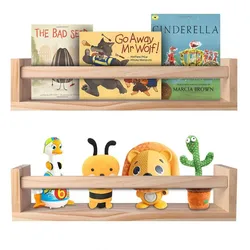 2Pcs Bookshelf Natural Wood Floating Wall Bookshelf for Kids Nursery Shelves for Wall Bathroom Decor Kitchen Spice Rack