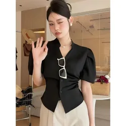 Deeptown Vintage Black Satin Women's Tunic Blouses Backless Short Puff Sleeve Korean Fashion Female Shirts Slim Summer Old Money