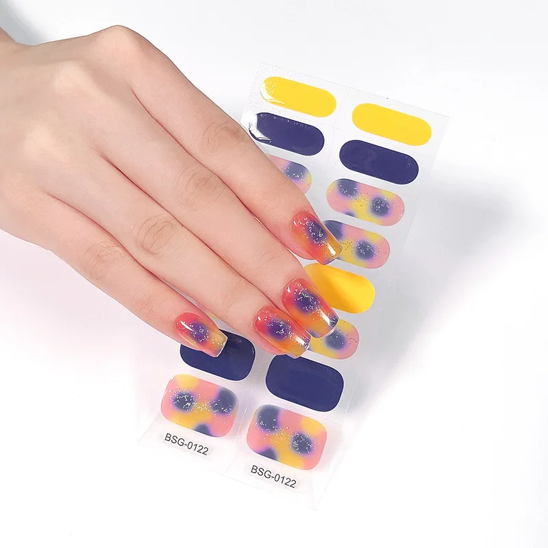 16PCS Semi Cured Gel Nail Stickers Set for UV Lamp Full Cover Manicure DIY Women Fashion Nail Art Decoration Gel Nail Sticker