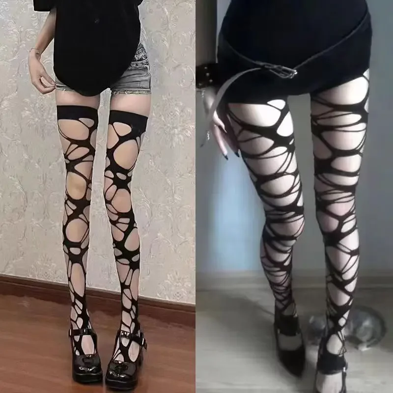 Women Sexy Perforated Stocking Halloween Gothic Black Punk Torn Hollow Out Y2k Ragged Hosiery Party Beggar Hole Thigh Stockings