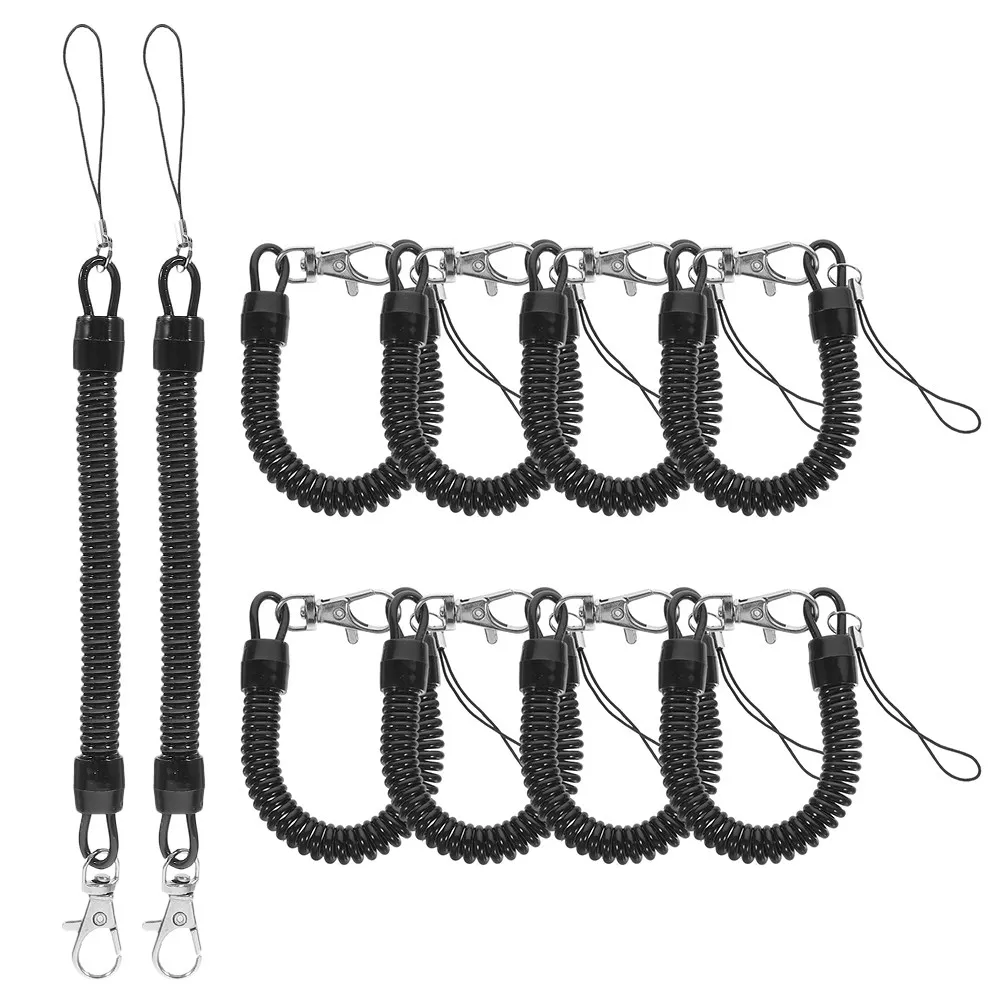 10 Pcs Lanyard Bungee Cords with Hooks Anti-lost Spring Keychain Coil Strap Black for Keys Extender