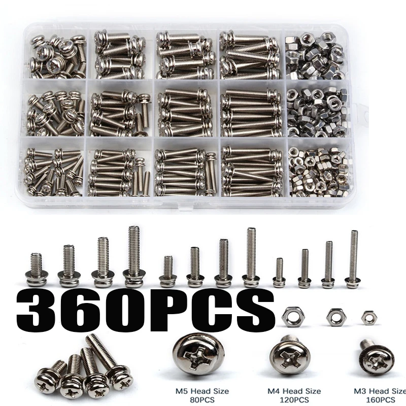 

360PCS M3/M4/M5 Stainless Steel Micro Thread Round Head Screw Nut Bolt Cross Round Flat Washer Spring Kit