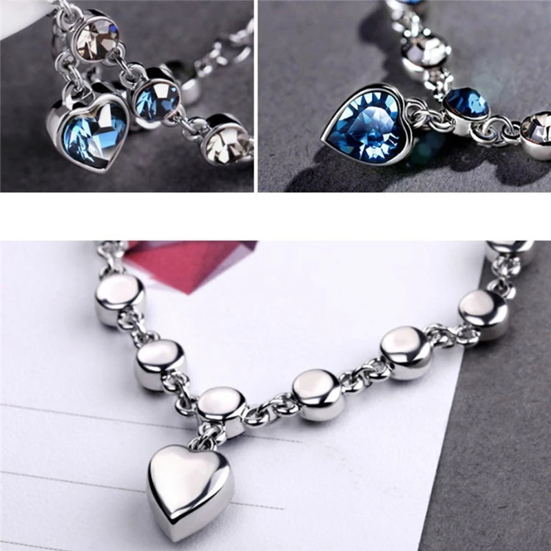 Pulsera de la suerte de Color plateado para mujer, brazalete con dijes de corazón de cristal azul, joyería fina de compromiso de boda nupcial, regalo