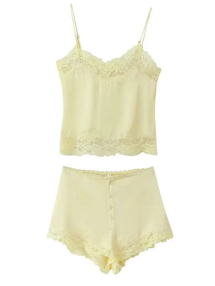 

2025 женские элегантные шелковые атласные майки с открытой спиной, комплекты из 2 предметов, женское сексуальное кружевное нижнее белье с желтыми пуговицами, шорты, костюмы