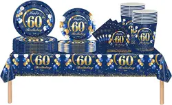 Navy Blue Gold 60th Birthday Decorations Happy 60th Birthday Tablecloth Paper Plates Napkins Cups Set 60th Birthday Table Women
