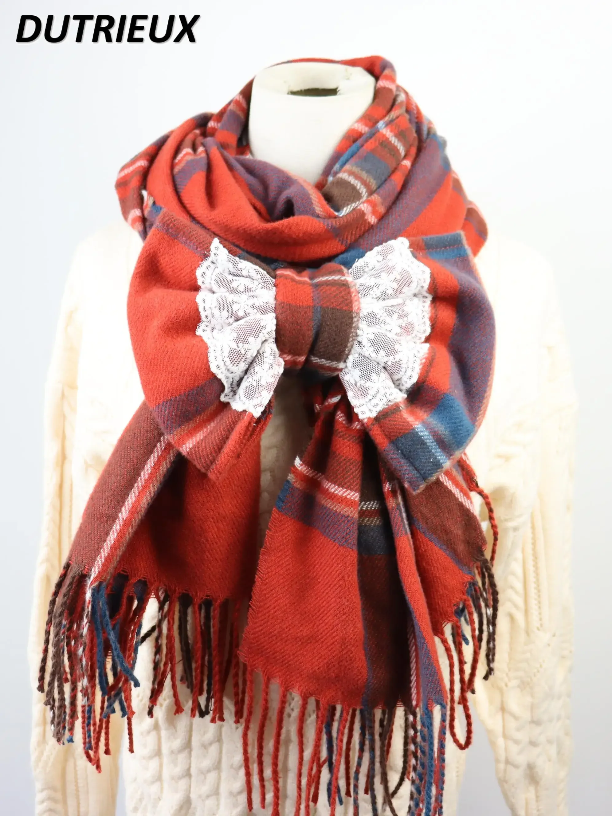 Sweet Bow Scarf Plaid Lolita Cute Girl Shawl Versatile Dual-purpose Model Red Mine Student Japanese Autumn and Winter Scarfs