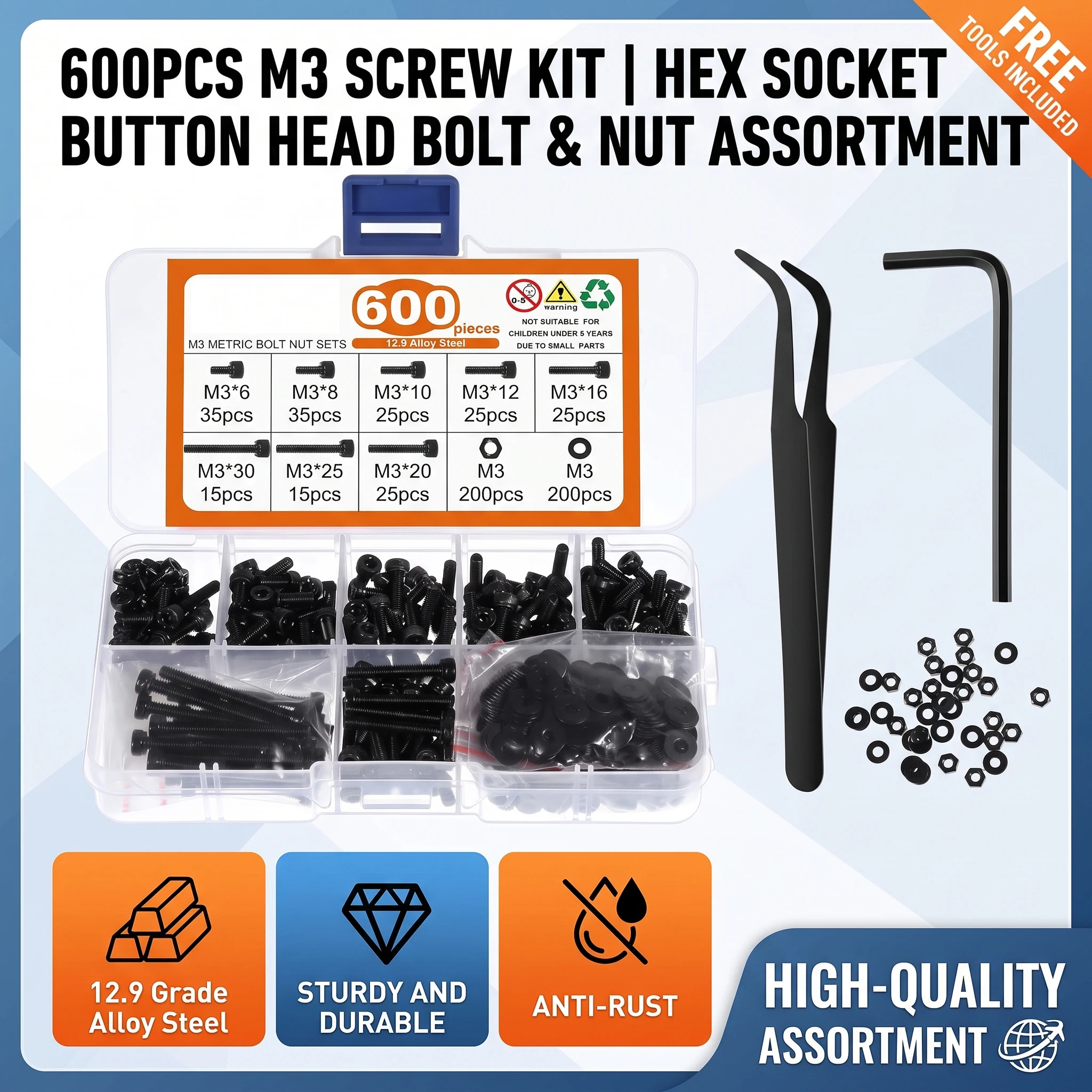 600Pcs M3 Hex Socket Head Cap Screws Nuts Washers Assortment Kit, 12.9 Grade Alloy Steel Metric Black Allen Bolts Set with Wrenc