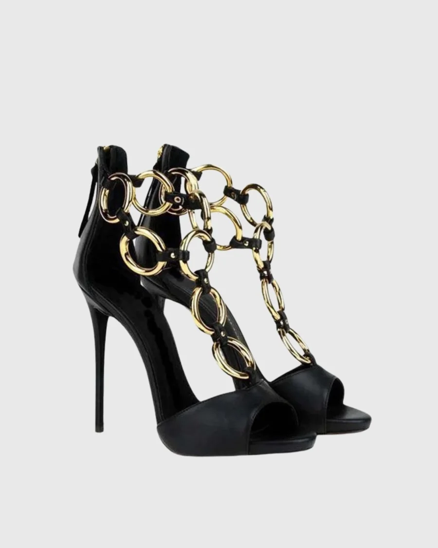 Women Black Leather Gold Chain Link Peep Toe Stiletto Heel Sandals, Open Back Zipper High Heels Luxury Designer Style Heels view 3
