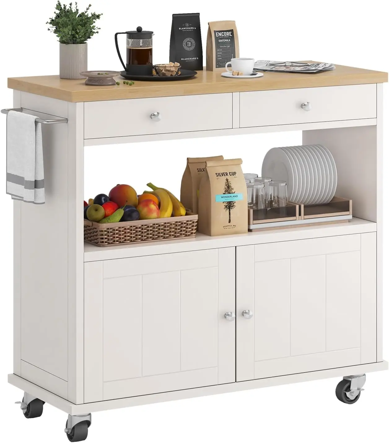 Kitchen Island with Storage Cabinet, 35.4'' Width Kitchen Cart, 2 Drawers Island Table, Portable Mobile Kitchen Island with Towe