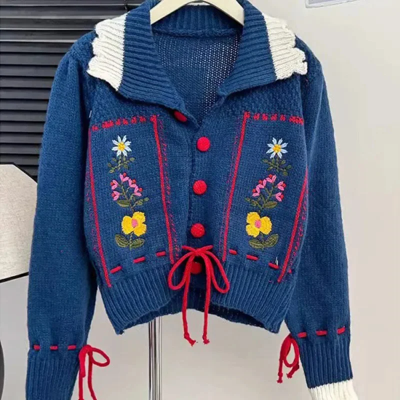 Korea Embroidery Lace Up Knit Cardigan Japan Sweet Embroidered Lace Up Bow Knit Cardigan Autumn Ins Lapel Sweater Jacket Top New