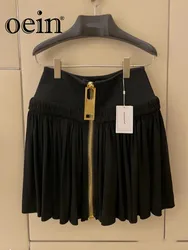 [oein] Fashionable High Waisted Black Half Skirt For Female Niche 2023 Summer New Zipper Design Pleated