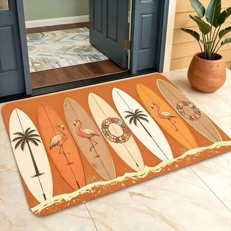 VIKAMA Retro Surfboard Welcome Mat Coastal Compass Seahorse Pineapple Entryway Doormat