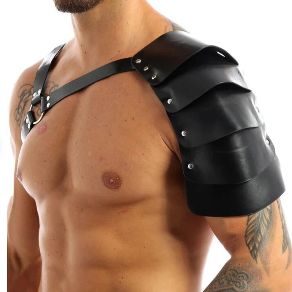 Black Men\'s Leather Sexy Body Harness Cross Shoulder Armor Fetish Halter Lingerie Adjustable Buckle Rave Club Outfit