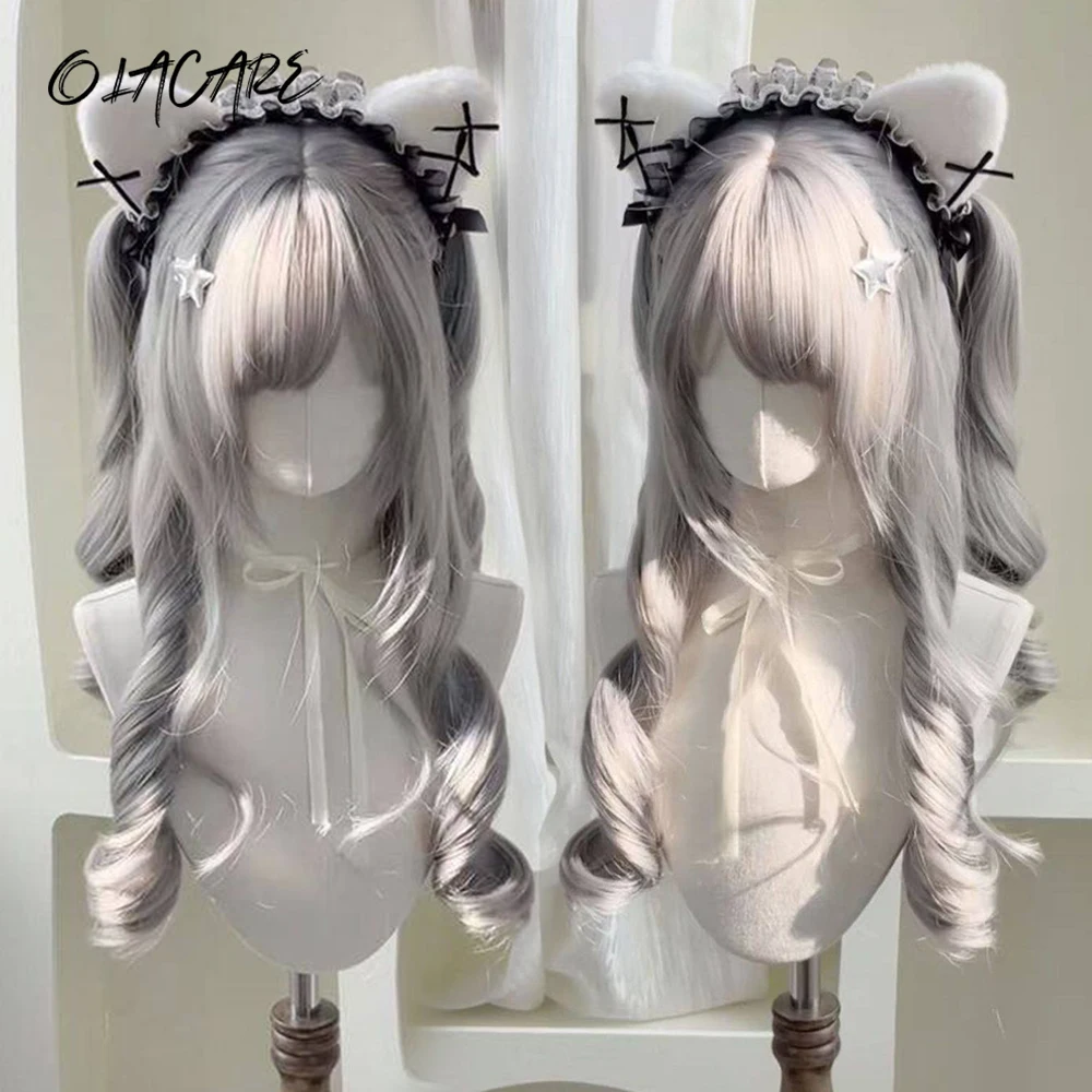 Synthetic Long Curly Wavy Silver Gray Hair Wig With Bangs Heat-Resistant Lolita Cosplay Wig For Women