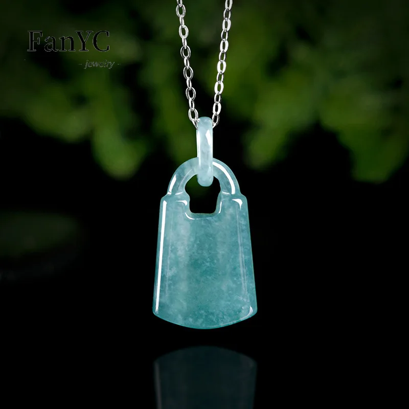 

Natural A-goods Jadeite Blue Water Hollow Jade Lock Pendant Hand-carved Fashion Luxury Ice Jade Necklace Ladies Gift Souvenir