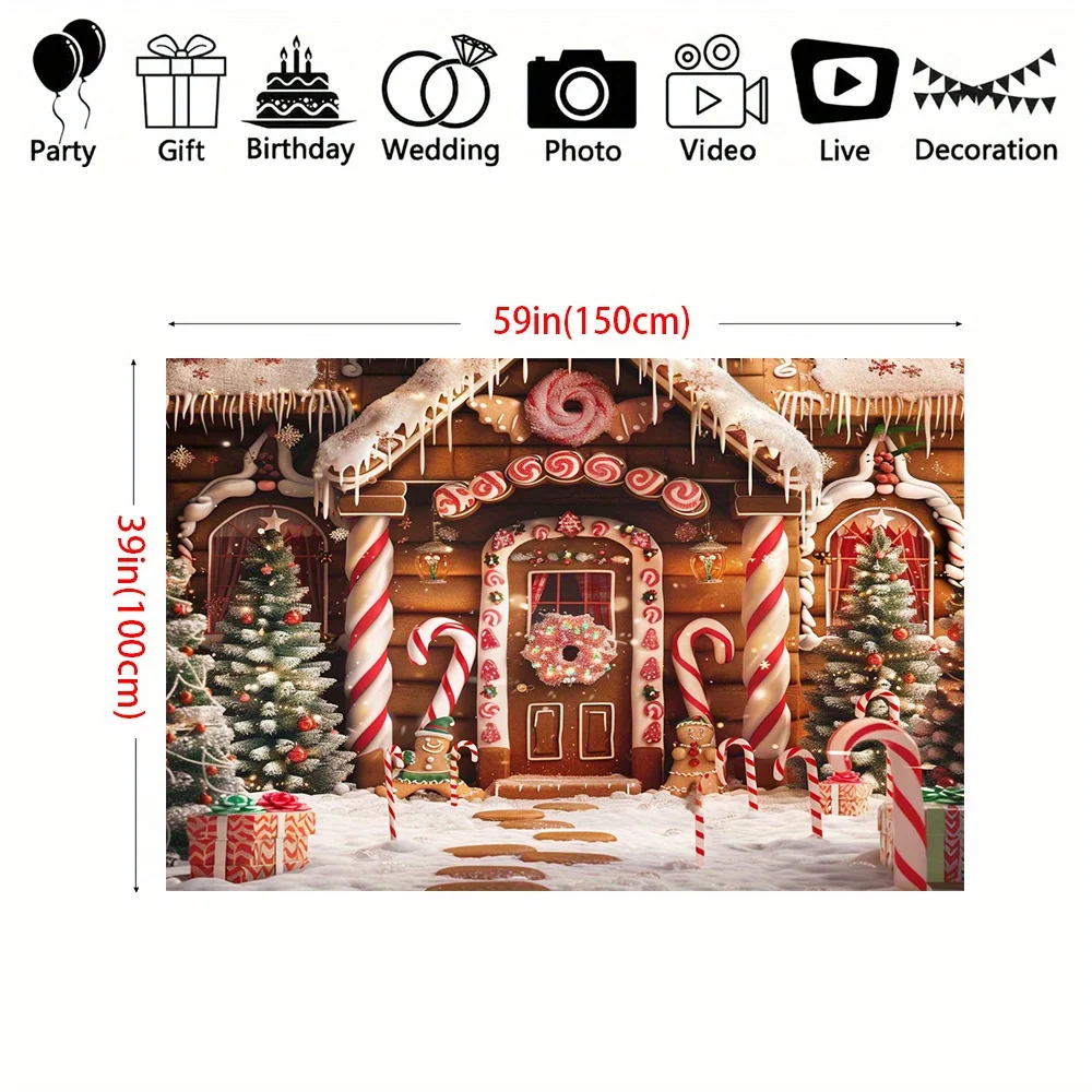 Christmas gingerbread house and snow tree party background fabric - multifunctional polyester decoration