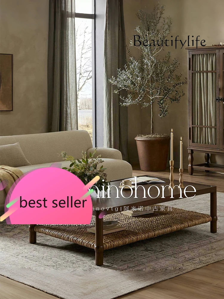 

BJ French Vintage Rattan Coffee Table, Rectangular Living Room, Retro Wabi-sabi Style, Solid Wood Tea Table, High-end Sense