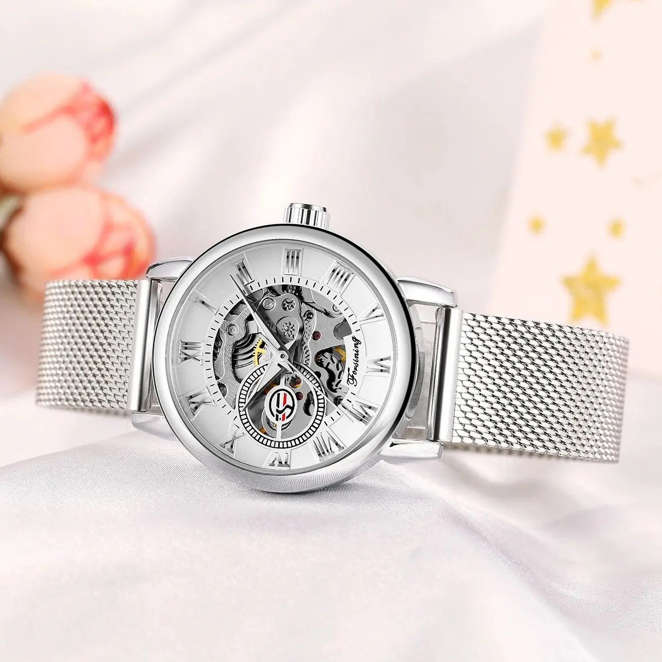 Forsining Luxury Elegant Ladies Watches Top Brand Luxury Gold Skeleton Mechanical Watch for Women Mesh Stainless Steel Strap New