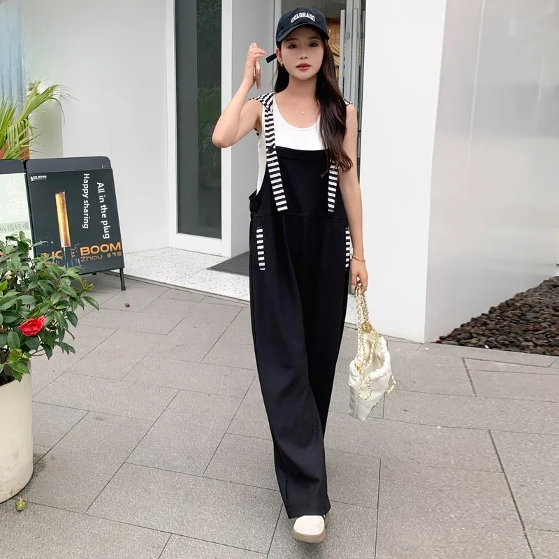 High Waist Striped Patchwork Hooded Bib Overalls Women's Design Sensation Sweet Korean Sle Thin Wide Leg Jumpsuit Pants