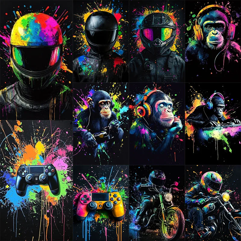 

80s Retro Funny Monkey Gamepad Motorcycle Boy Picture for Game Room Living Room Canvas Painting Print Wall Art Home Decor Poster