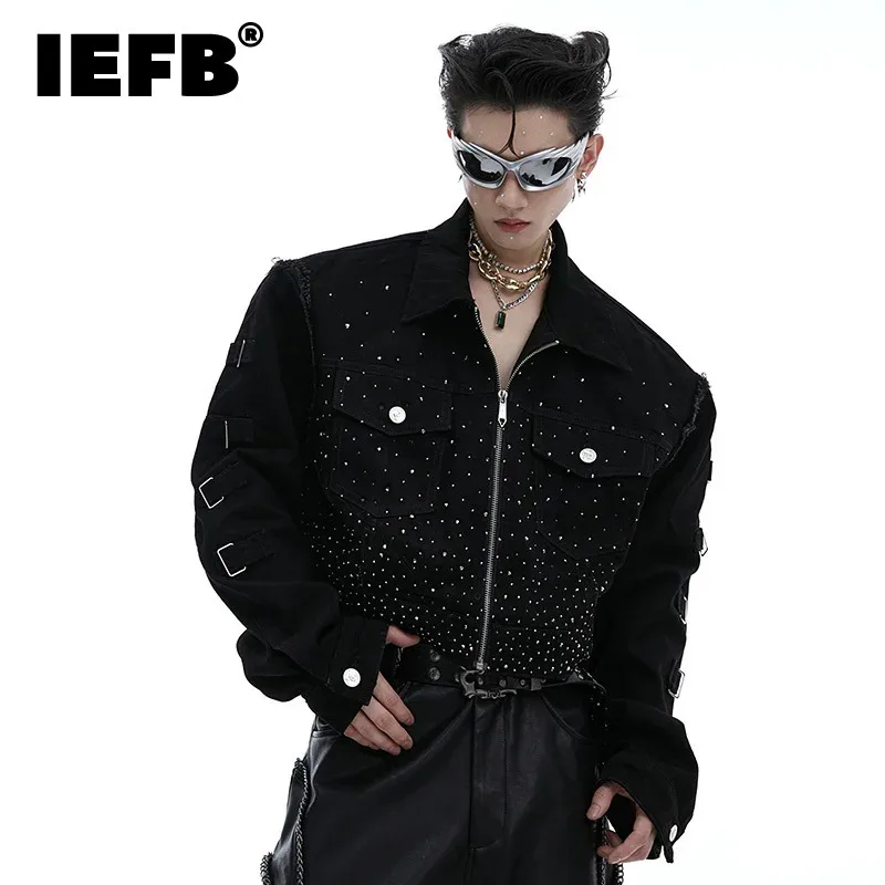 

IEFB Niche Flash Diamond Gradient Shoulder Pads Short Men's Jacket Turn-down Collar Zipper Darkwear Male Tops Fashion 24E1531