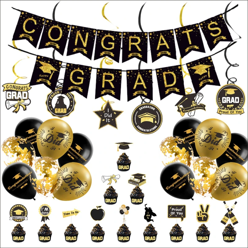 

School Class Graduation Use Banner Set with Spiral Hangging Flag and Cake Tags Party Decoration Black Golden Ballons Streamers
