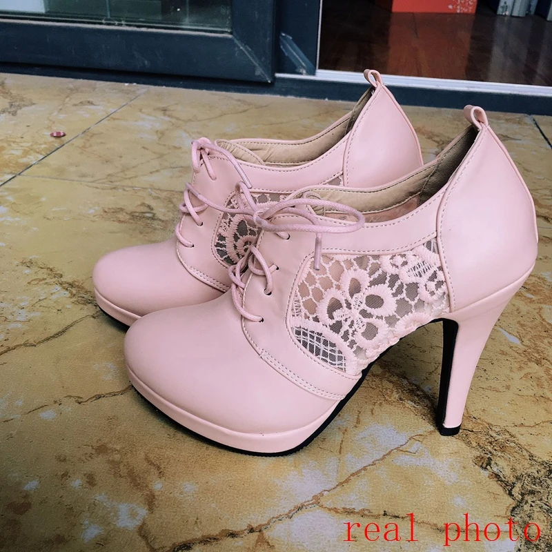 REAVE CAT 2022 Romantic Ladies Knitted Pumps Mesh Lace Up Pointed Toe Platform 11CM Spike Heel US12 Pink White Black A4372