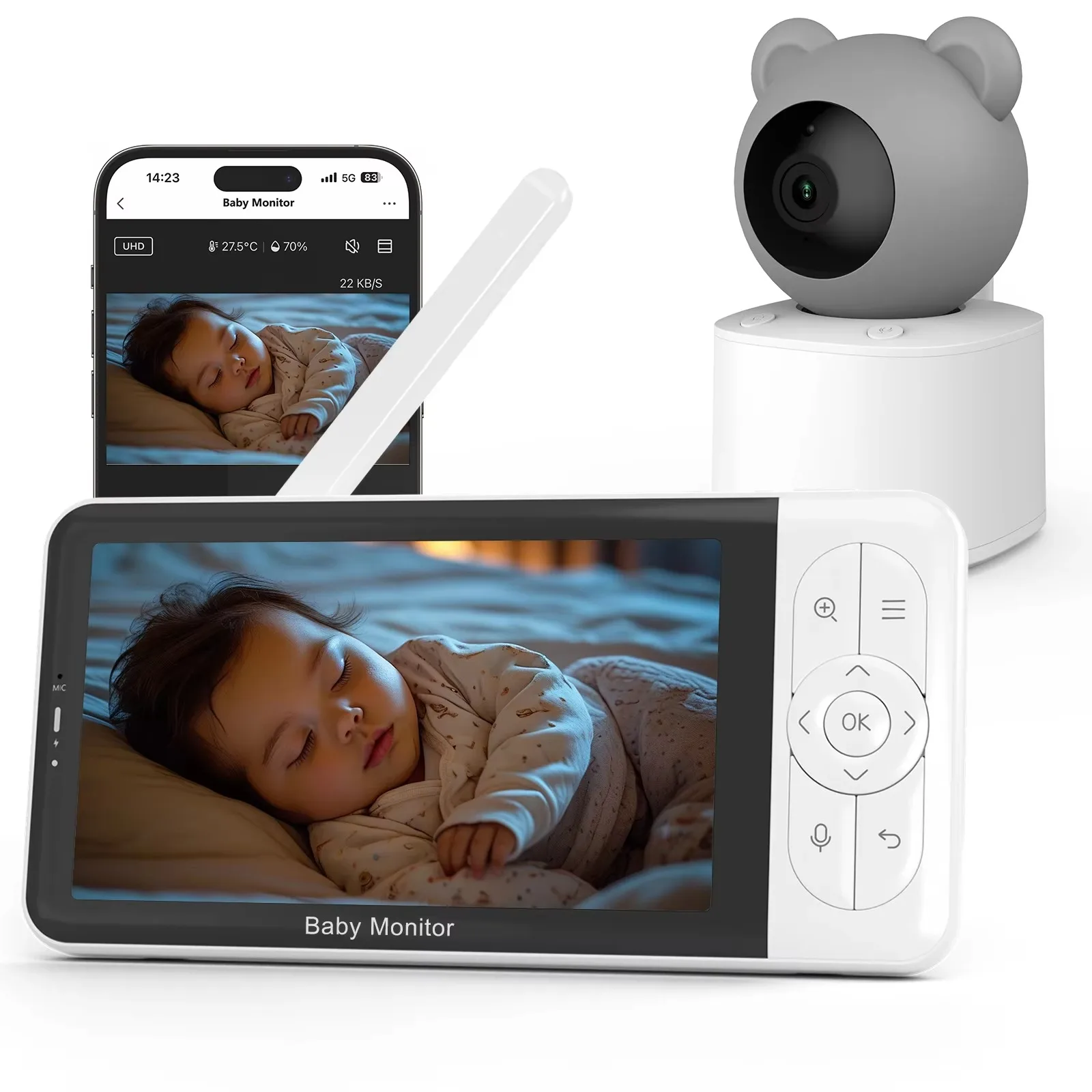 5.0inch Smart Baby Monitor 1080P Rechargeable Battery Camera Night Vision RGB Night Light 4000mAh Battery Video Baby Monitor