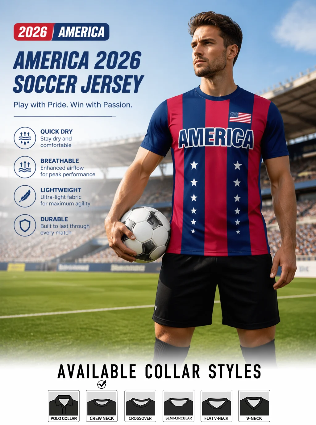 USA soccer jersey,red‑blue vertical stripes with stars,AMERICA lettering & flag print,quick‑dry,multiple collar styles
