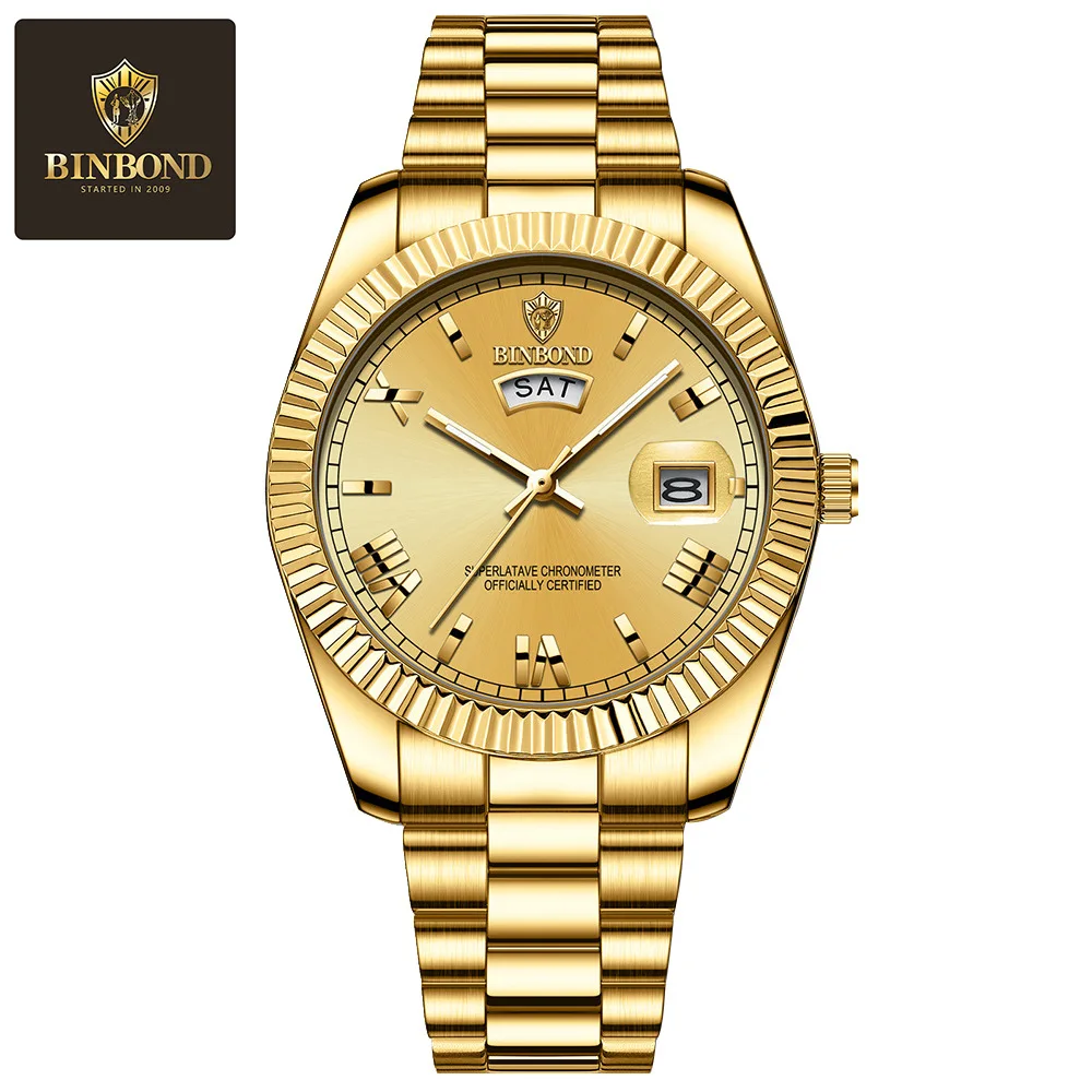 Binbond moda masculina relógio de quartzo marca superior esportes relógio de quartzo masculino aço inoxidável à prova dwaterproof água data semana relógio masculino