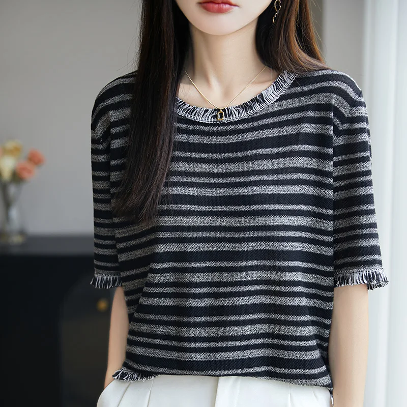 

Summer Tencel Linen Short-Sleeved Fringed Round Neck Knitted Short-Sleeved Loose Striped Thin Women's T-Shirt