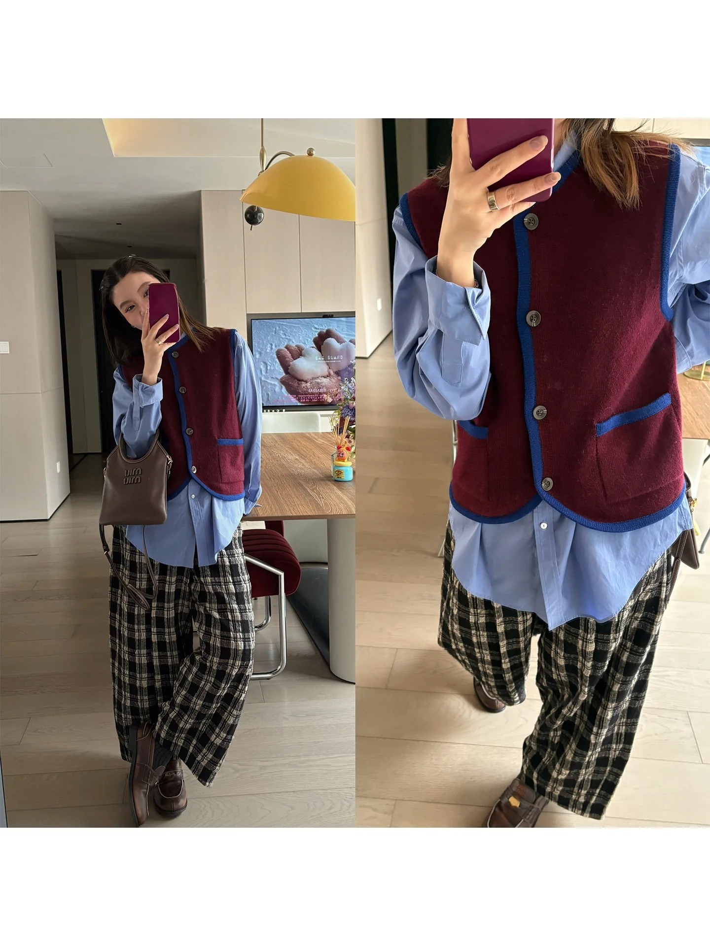 

Вязаный жилет iWiNG из шерсти в цветах вишни и синего, милый и стильный, для женщин, с круглым вырезом, на одной пуговице, Cleanfit