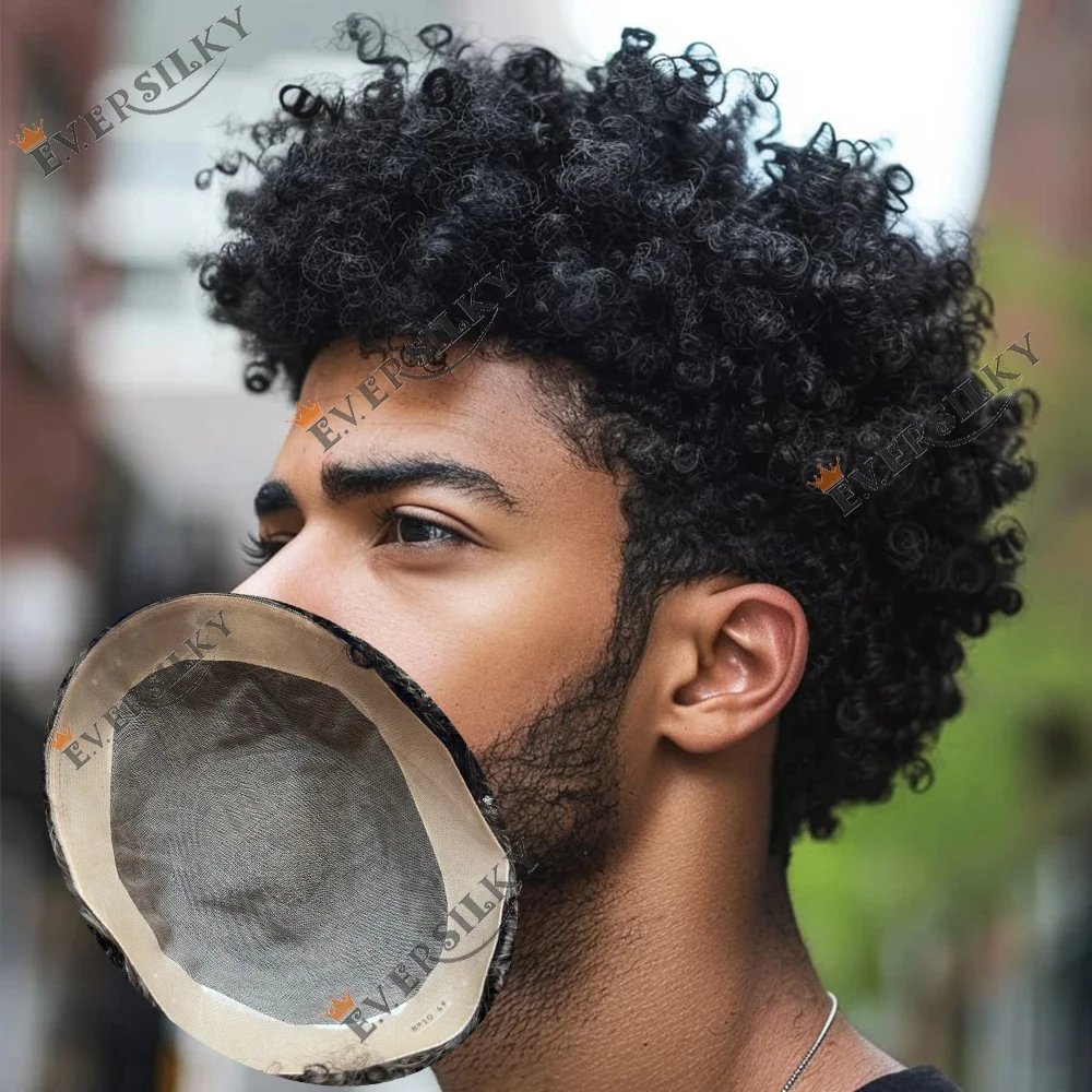 8mm 10mm Curly Afro Toupee Man's Unit Black Mens Mono Lace&PU Base Kinky Curly 100% Human Hair African American Toupees for Men