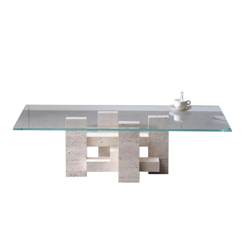 

Nordic light luxury natural travertine coffee table hotel rectangular living room tempered glass tea table modern high-end