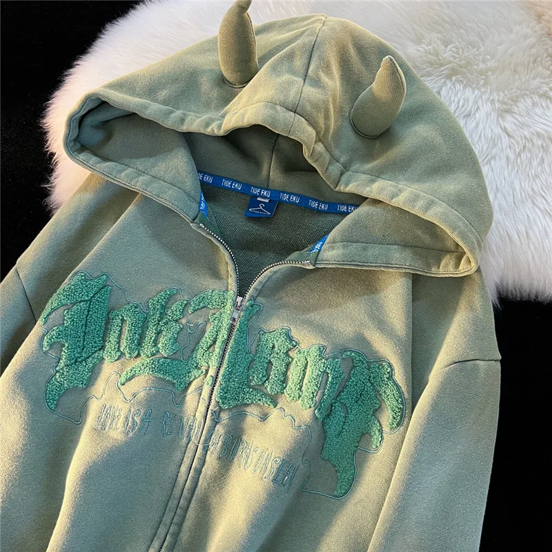 

Oversized Little Cute Devil Horns Zip Up Hoodie Y2k Women Men Fall Long Sleeve Flocking Letter Hoodies Casual Zipper Jacket Coat