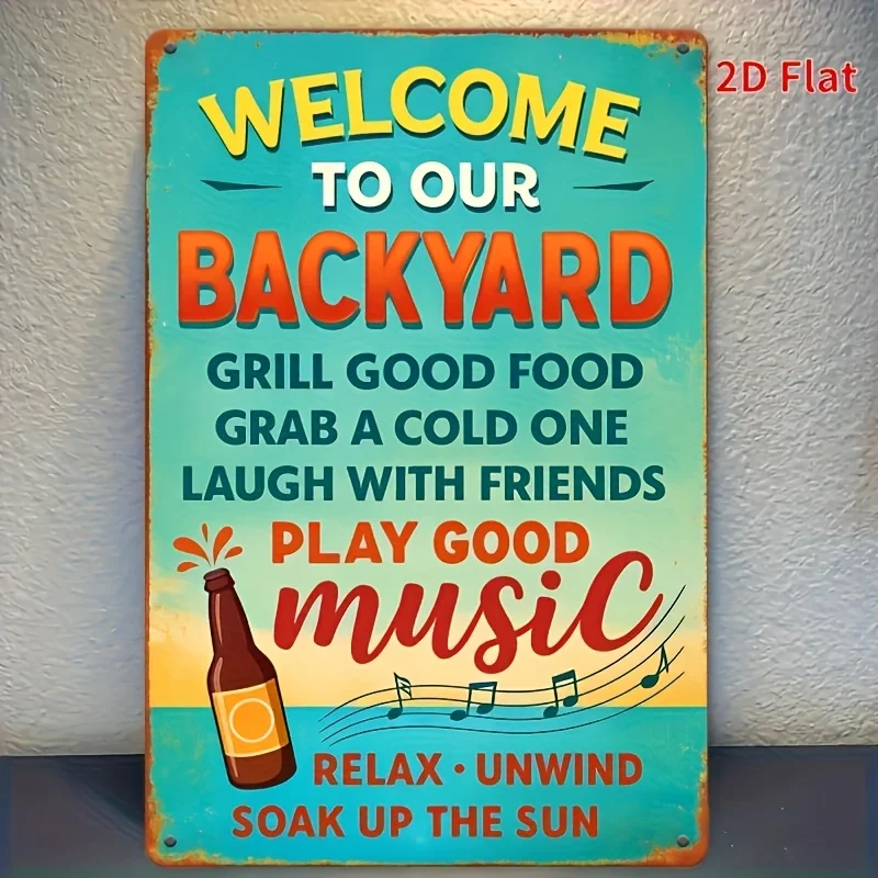 2D Flat 1Pc Vintage Metal Tin Sign, Welcome To Our Backyard, Funny BBQ Beer Wall Decor Plaque