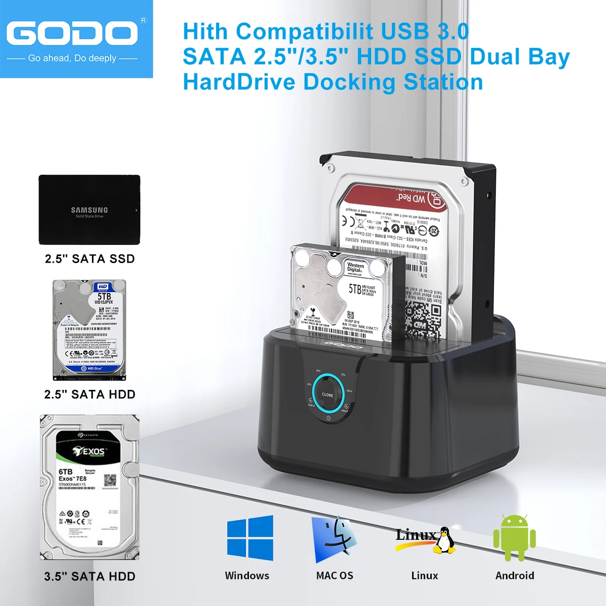 GODO USB 3.0 Dual Bay External Hard Drive Base Docking Station for 2.5/3.5 inch HDD SSD Support Offline Clone with 12V3A Power