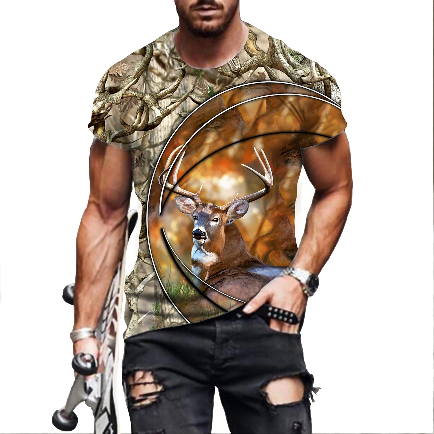 Summer Funny Women Streetwear Deer Tshirt Men Jungle Animal 3D Print Hunt Reed Camouflage T Shirt