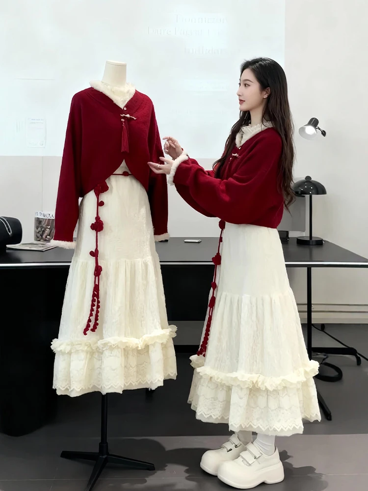 

Красный свитер, юбка-тортик и торт, тематический модный комплект Cisas, большие размеры, женский повседневный комплект, теплая полиэфирная ткань