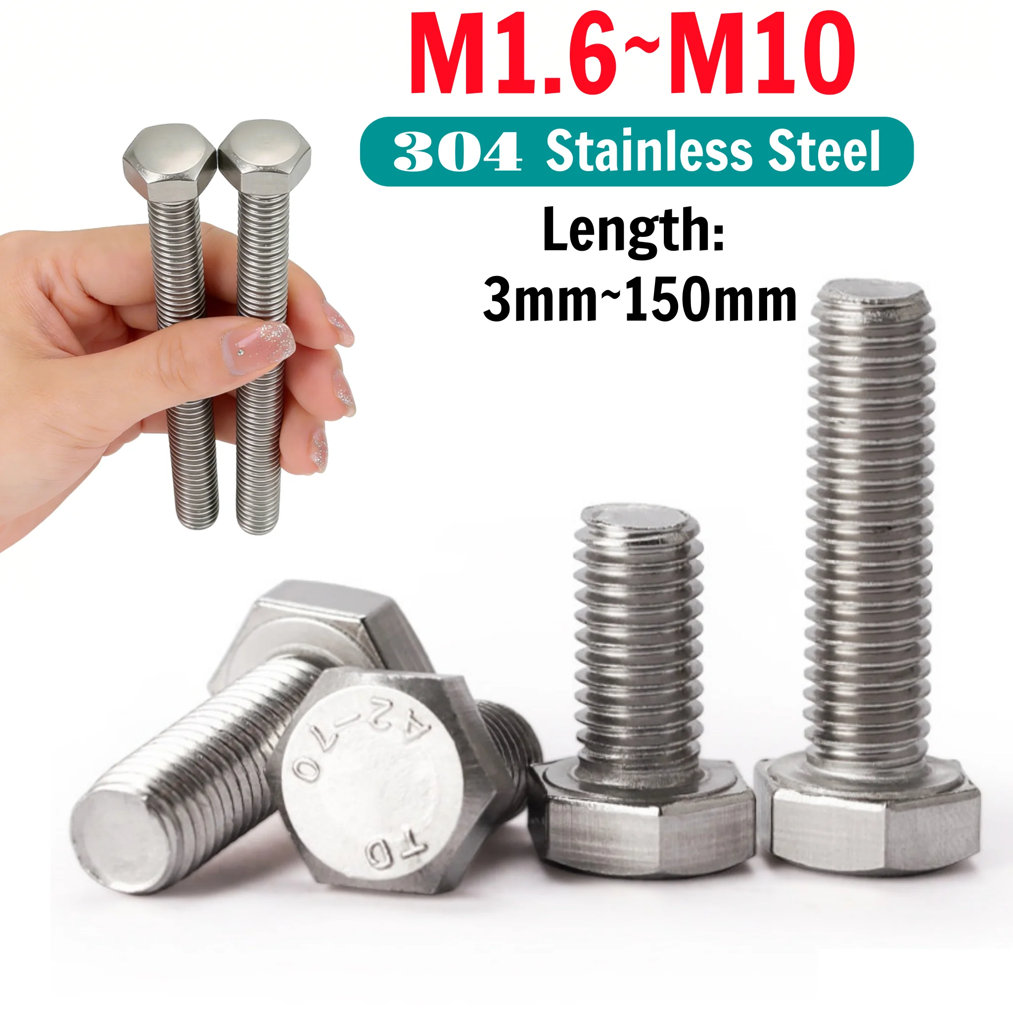 Beicai M1.6 M2 M2.5 M3~M10 304 Stainless Steel Outside Hex Bolt Full Thread External Hexagon Screw Extend Bolt Length 3~150mm