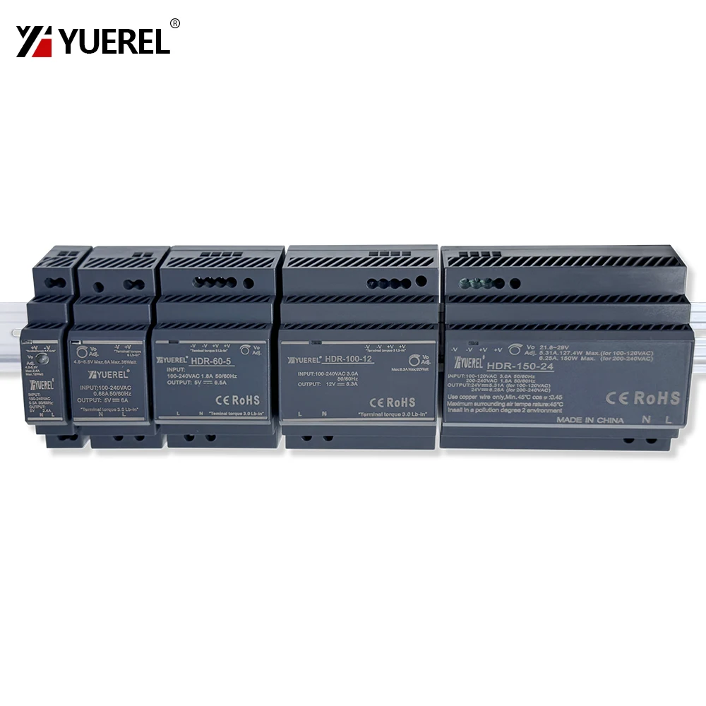 HDR-15W 30W 60W 100W 150W 5V 12V 24V 48V 2.4/1.25/0.63/12.5/2.5/8.3/6.5A Ultrathin Switching Power Supply Rail Type Transformer