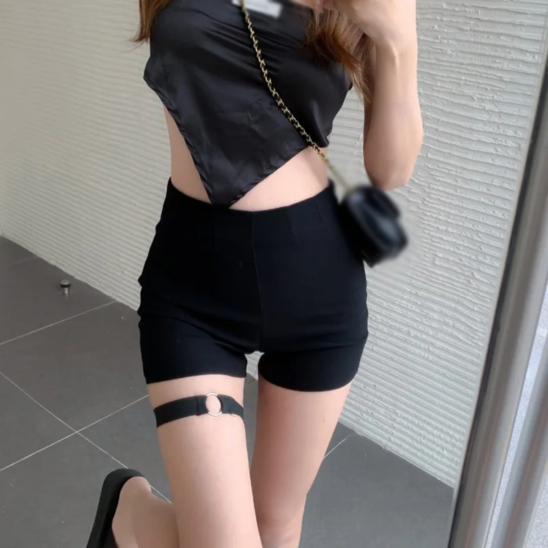 شورت نسائي عالي الخصر من البوليستر ، أحادي اللون ، أسود ، ضيق ، مثير ، ورك ، مرن ، نحيف ، حلقة ، بنطلون نسائي ، الصيف #1