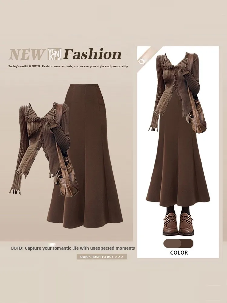 

Комплект из двух предметов в ретро-стиле: коричневый топ с бахромой и поясом, кардиган с длинными рукавами и V-образным вырезом, женская модная весенняя одежда с юбкой-«рыбий хвост»