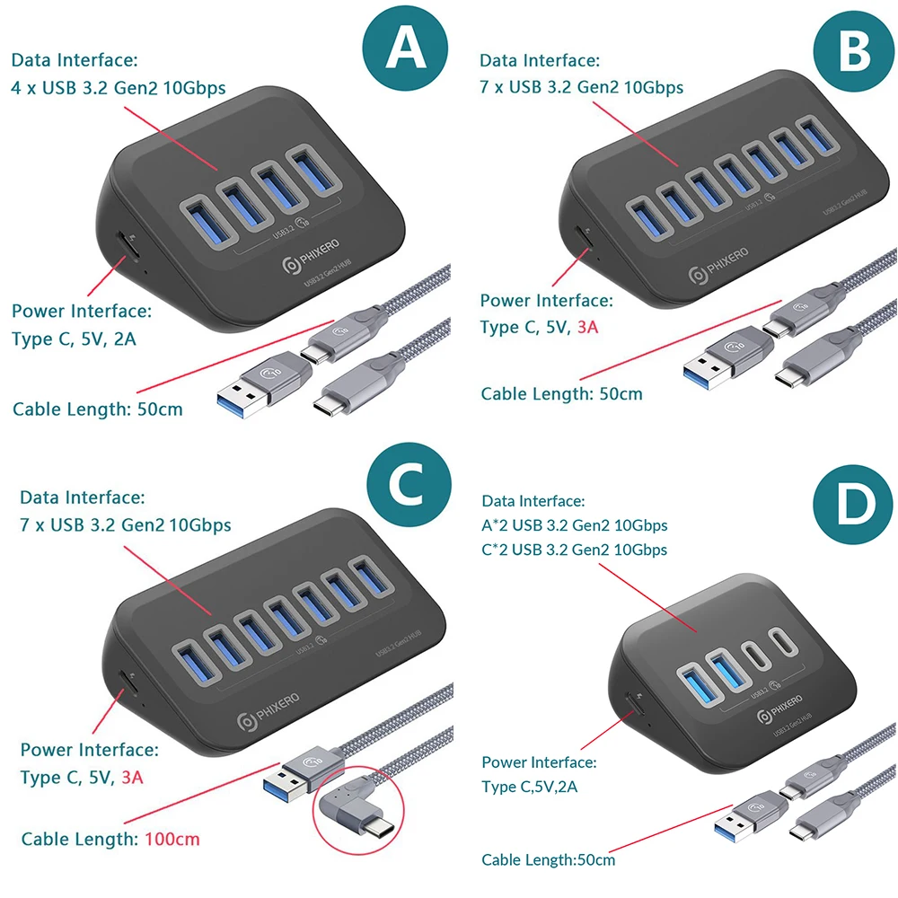 PHIXERO USB 3.2 محطة إرساء محور 10Gbps الفاصل التبديل حوض متعدد ميناء بطاقة SD المقبس نوع C Gen2 لأجهزة الكمبيوتر المحمول السطحية 3.0