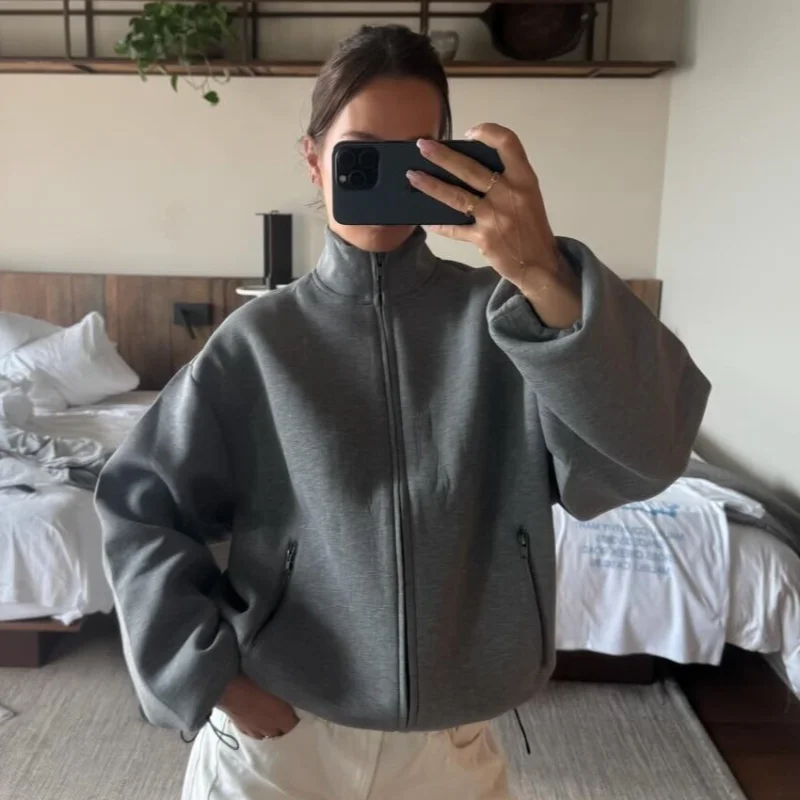 Vintage High Neck Full Zip Sweatshirt Women Loose Baggy Long Sleeve Zip Pockets Soft Fleece Jacket Cozy Casual Sports Outer Coat