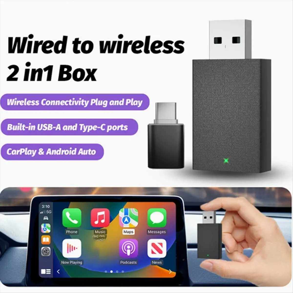 Mini Wireless Car CarPlay Dongel Adapter Smart Android Auto Box Wired to Wireless 2 in 1
