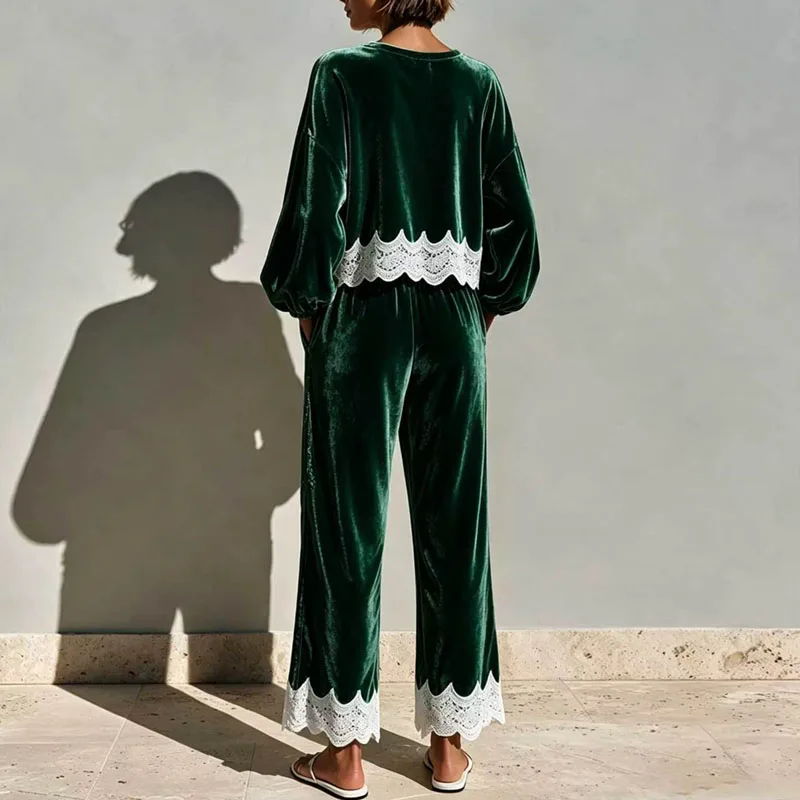 Round Neck Velvet Set Women Balloon Long Sleeve Scallop Lace Hem Top & Wide Leg Pants Suit Elegant Casual Holiday 2 Piece Outfit