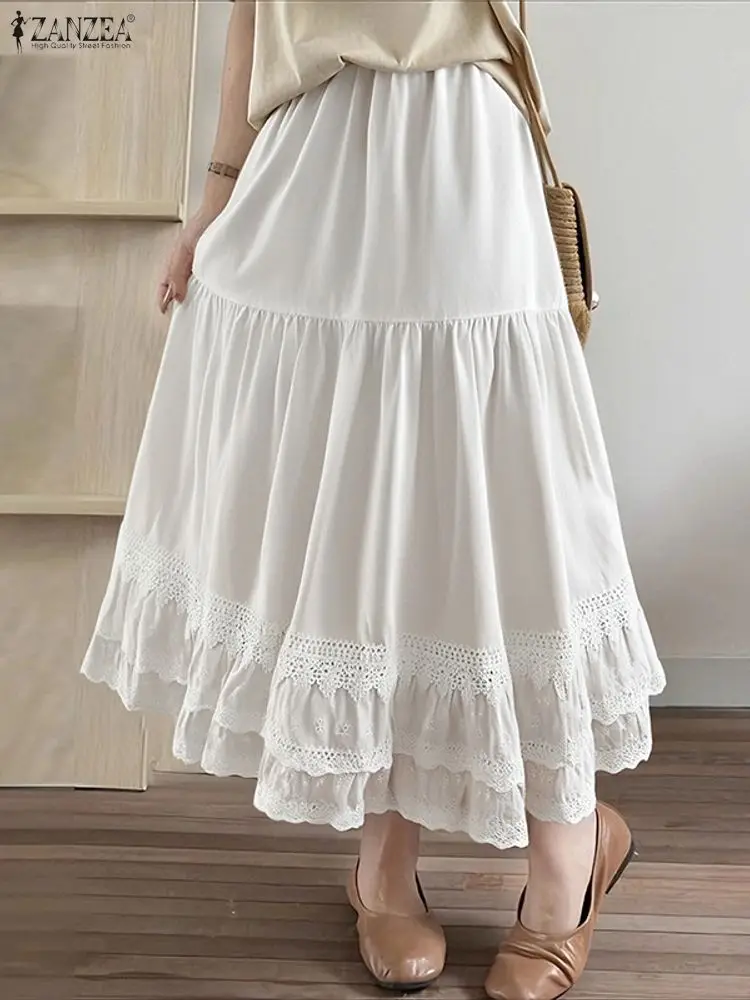 

ZANZEA Elegant Women Maxi Skirts 2025 Fashion Ruffled Long Bottoms Casual Solid Lace Party Elastic Waist Jupes Faldas Saia