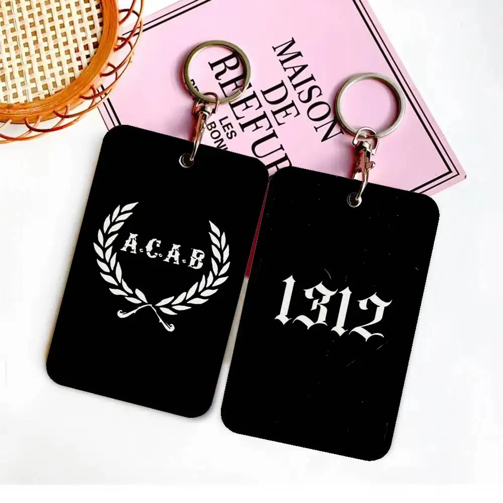 A-Acab Cool Rectangle ID Card Case Keychain Access Card Bag Key Tag Ring Leather Card Holder Key Ring Access