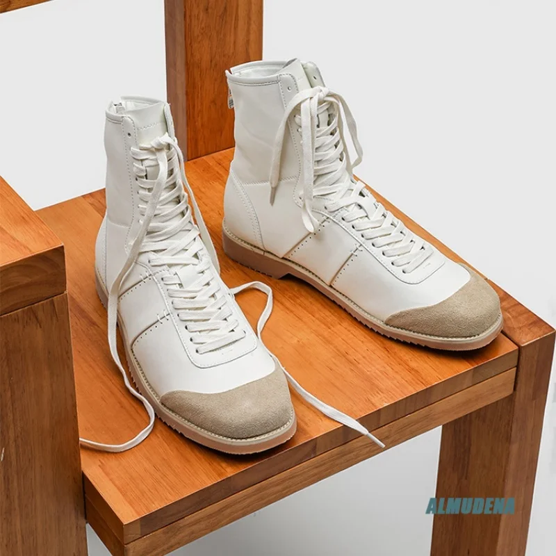 

Two-Tone Retro Round Toe Lace-Up High-Top Boots Men's Low Heel Back-Zip Street Style Urban Versatile Everyday Wear Shoes